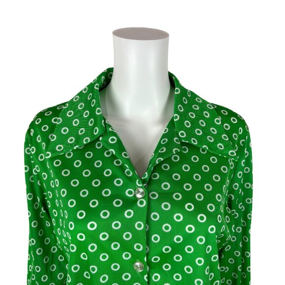 Vintage 70s Circle Top Women's XL Green Shiny Swim Cover Up Long Sleeve Shirt - Picture 4 of 10